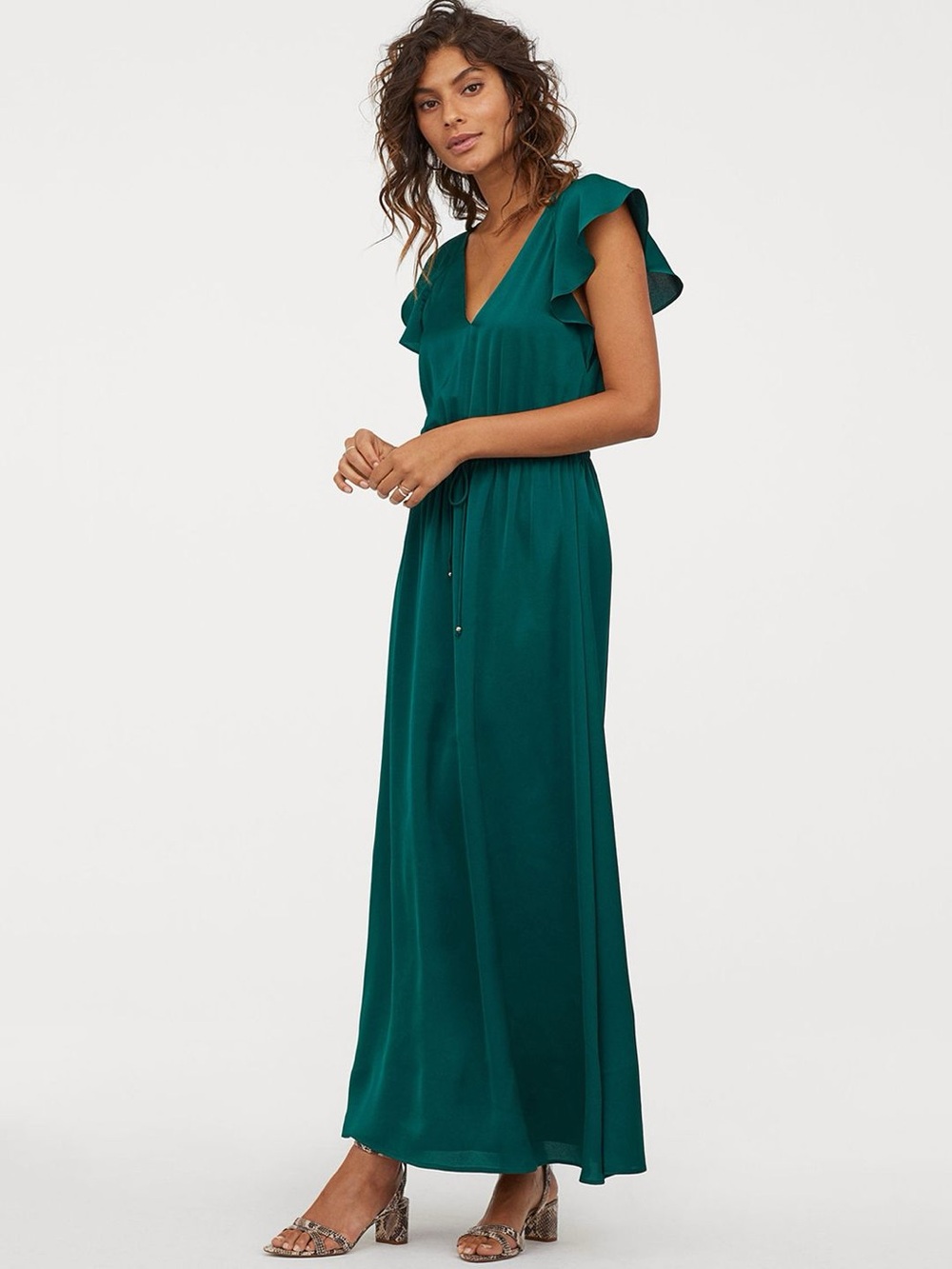 H&M Emerald Green V-Neck Maxi Dress Butterfly Sleeves Petite 6P